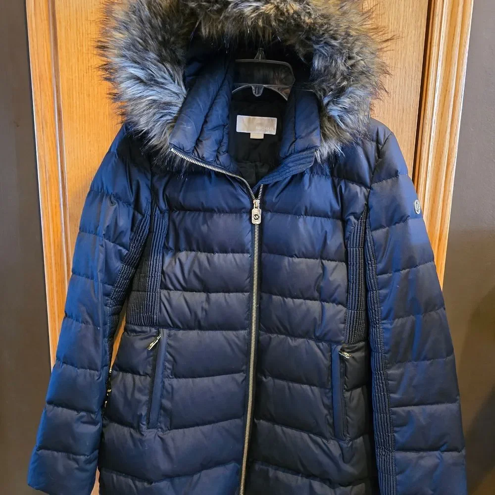 Michael Kors Black Puffer Coat with Faux Fur Trim